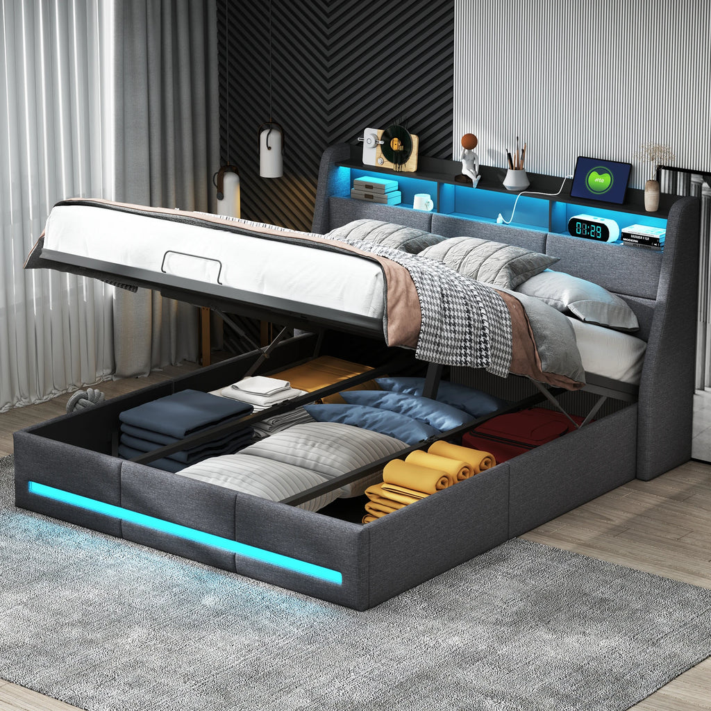 Upholstered Bed Frame with Lift-Up Storage, LED & USB