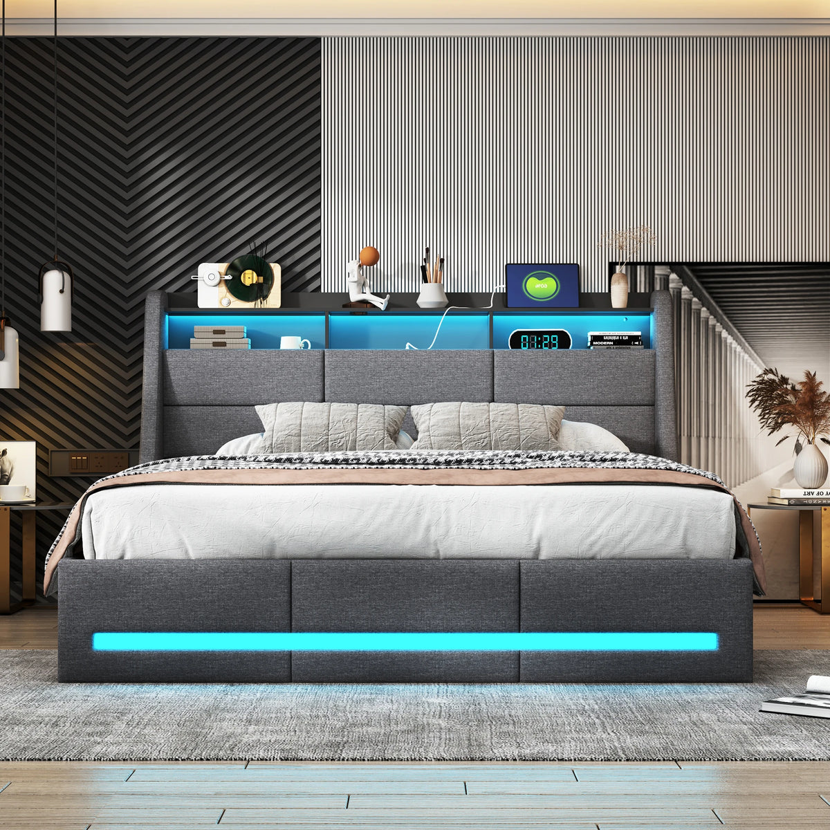 Upholstered Bed Frame with Lift-Up Storage, LED & USB