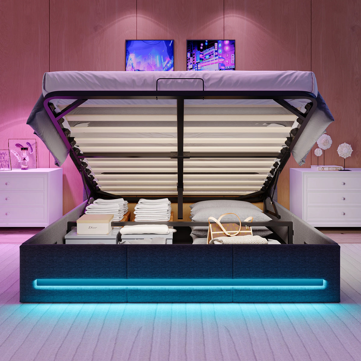 Upholstered Bed Frame with Lift-Up Storage, LED & USB