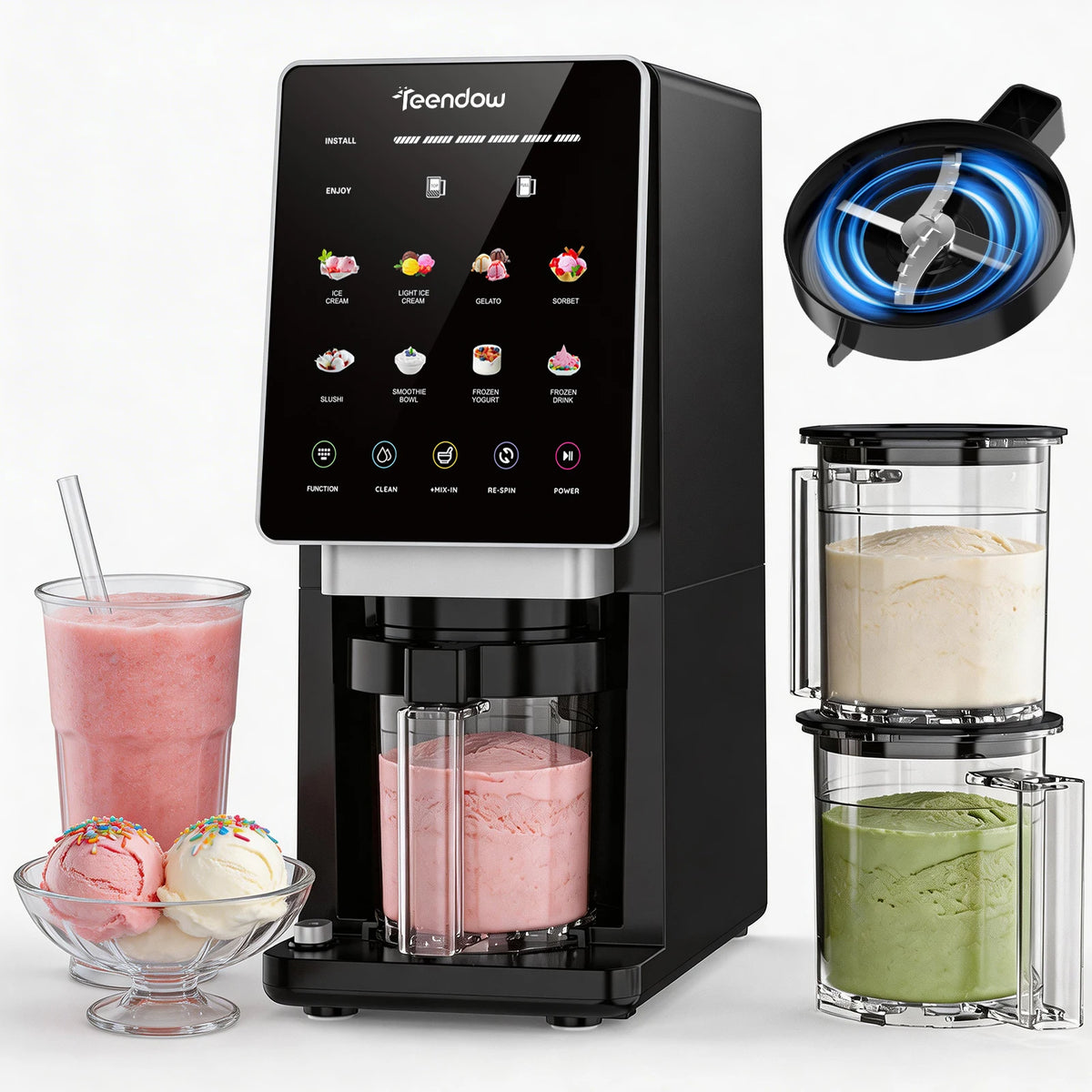 Teendow KF-2501U1 Ice Cream Maker with Mix-In & Re-Spin