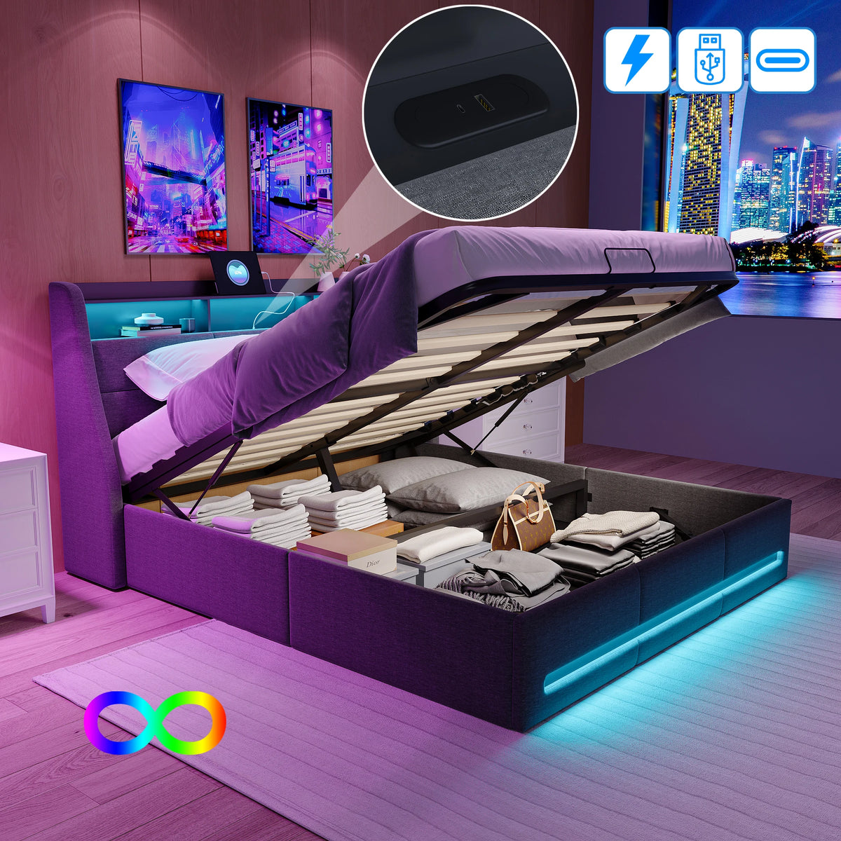 Upholstered Bed Frame with Lift-Up Storage, LED & USB
