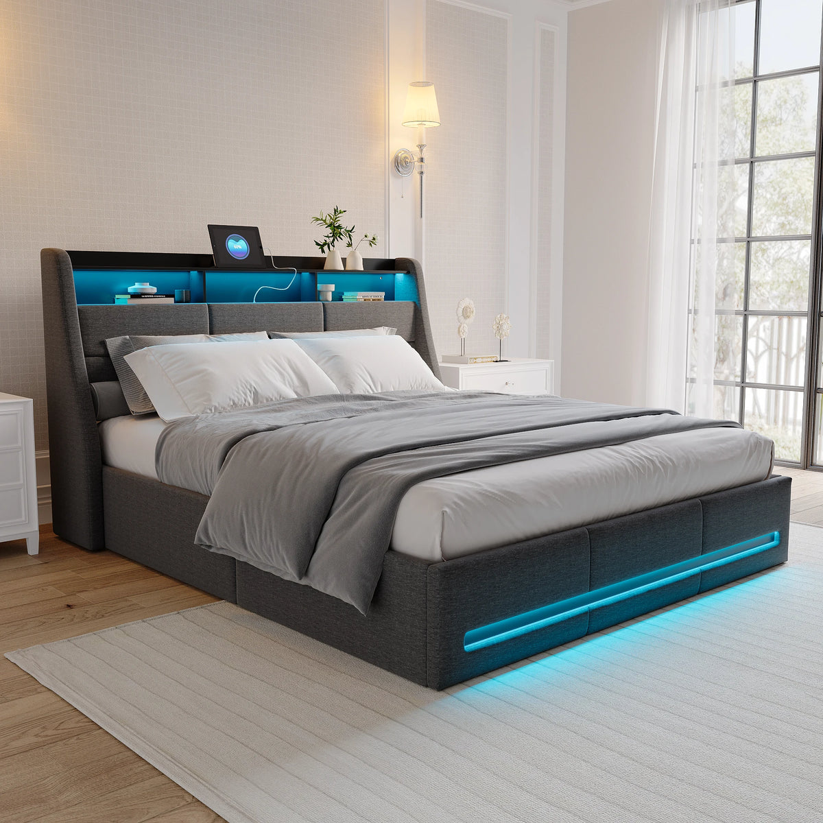 Upholstered Bed Frame with Lift-Up Storage, LED & USB