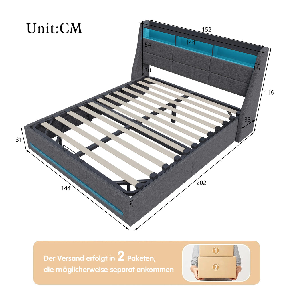 Upholstered Bed Frame with Lift-Up Storage, LED & USB