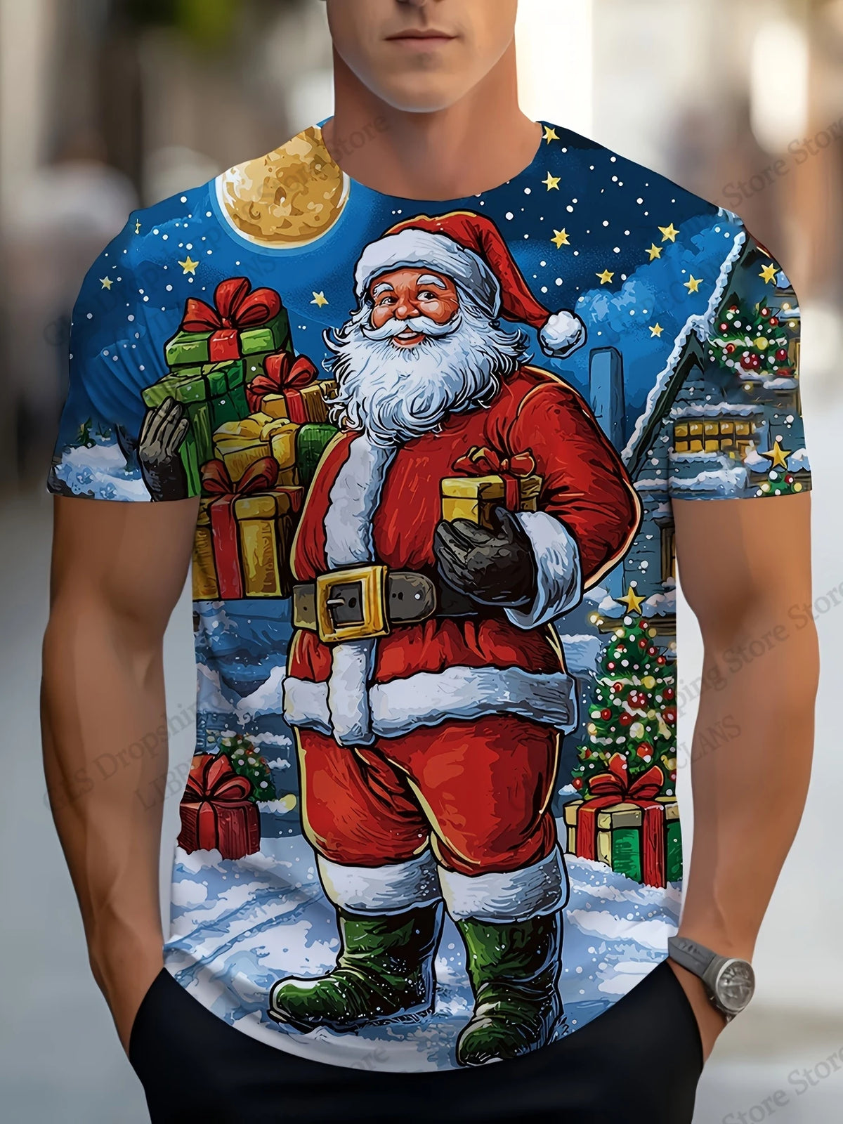 Christmas Tree & Santa Graphic Crew Neck T-Shirt