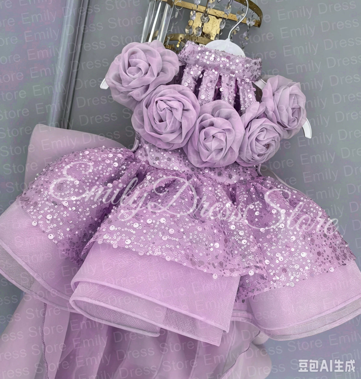 Champagne Tulle Flower Girl Dress with Floral Appliqué & Sequins