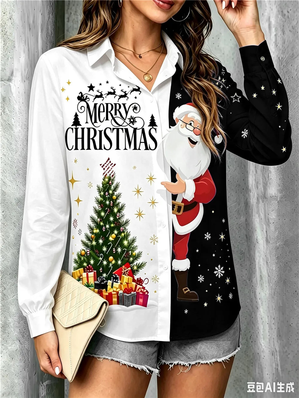 Christmas Tree & Santa Print Long-Sleeve Button-Up Shirt