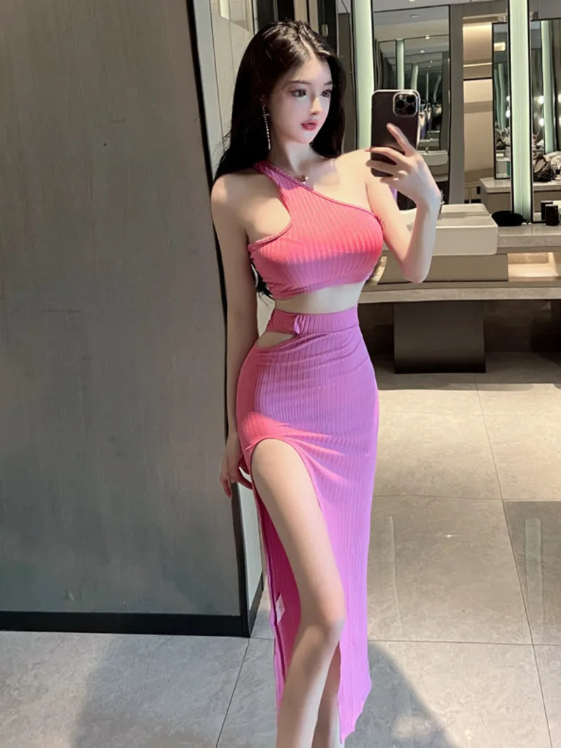 Women's One-Shoulder Top and Pleated Midi Skirt Set