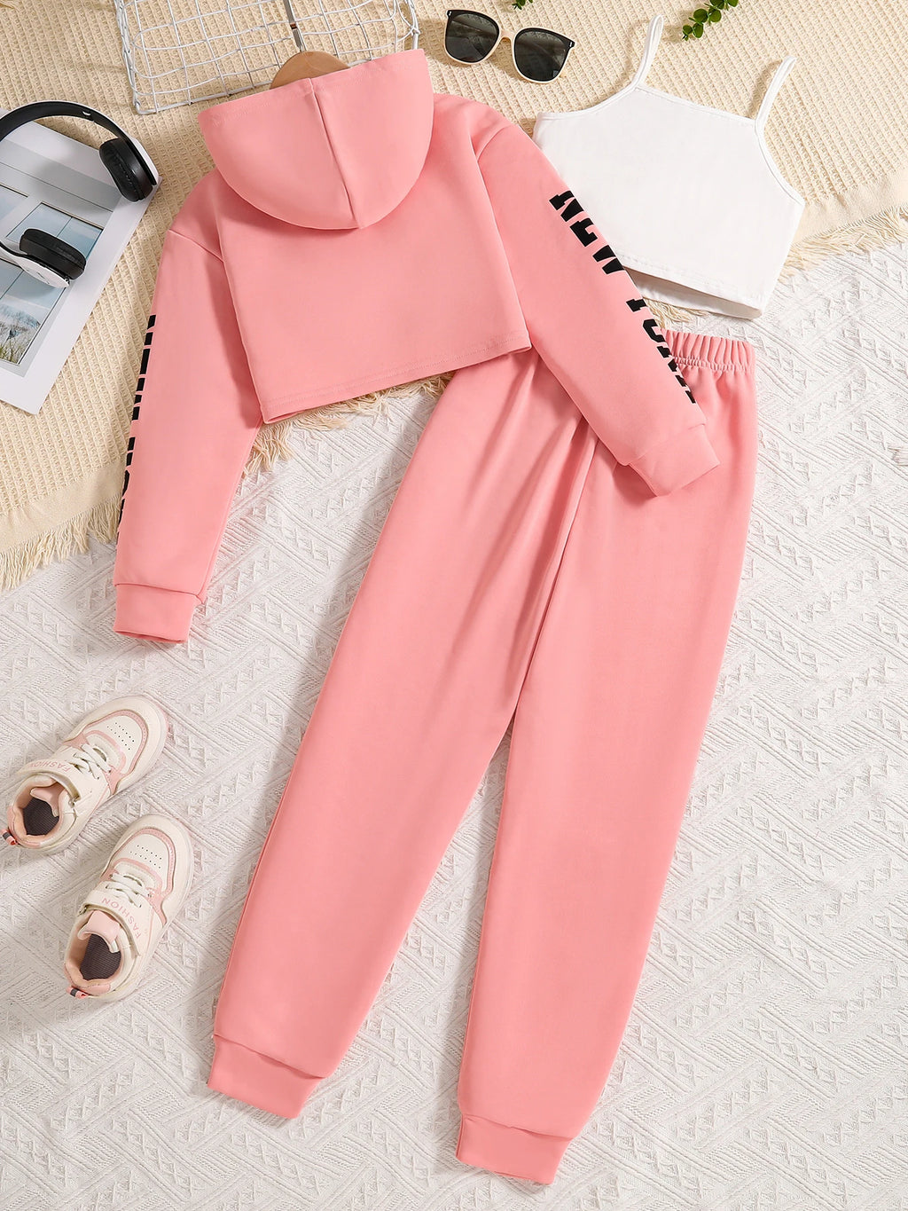 Girls' 3-Piece Letter-Print Hoodie, Vest & Pants Set