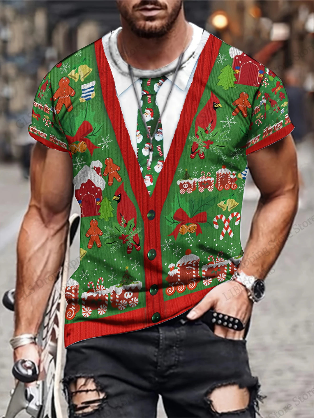Christmas Tree & Santa Graphic Crew Neck T-Shirt