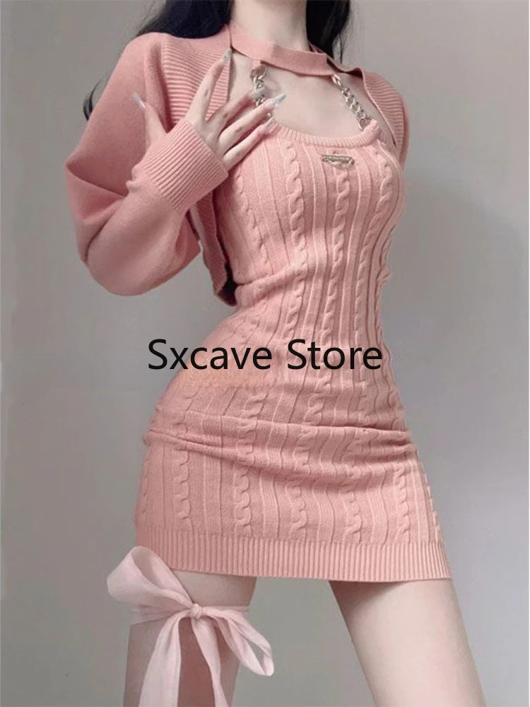 Women's Pink Knit Crop Top & Mini Dress Set