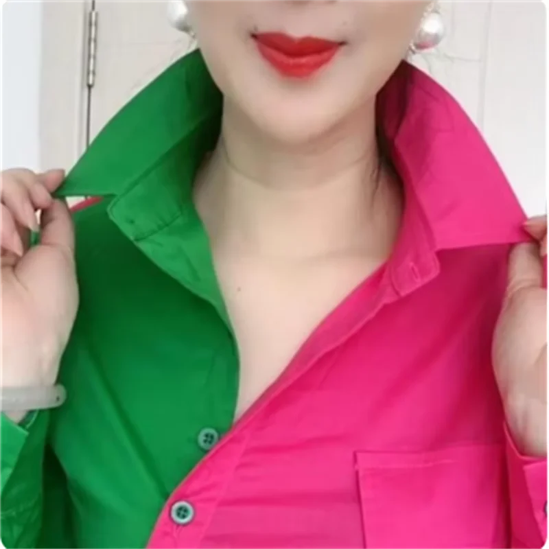 Red & Green Contrast Long-Sleeve Blouse
