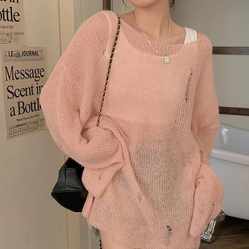 Women's Fluffy Distressed Knit Pullover Sweater