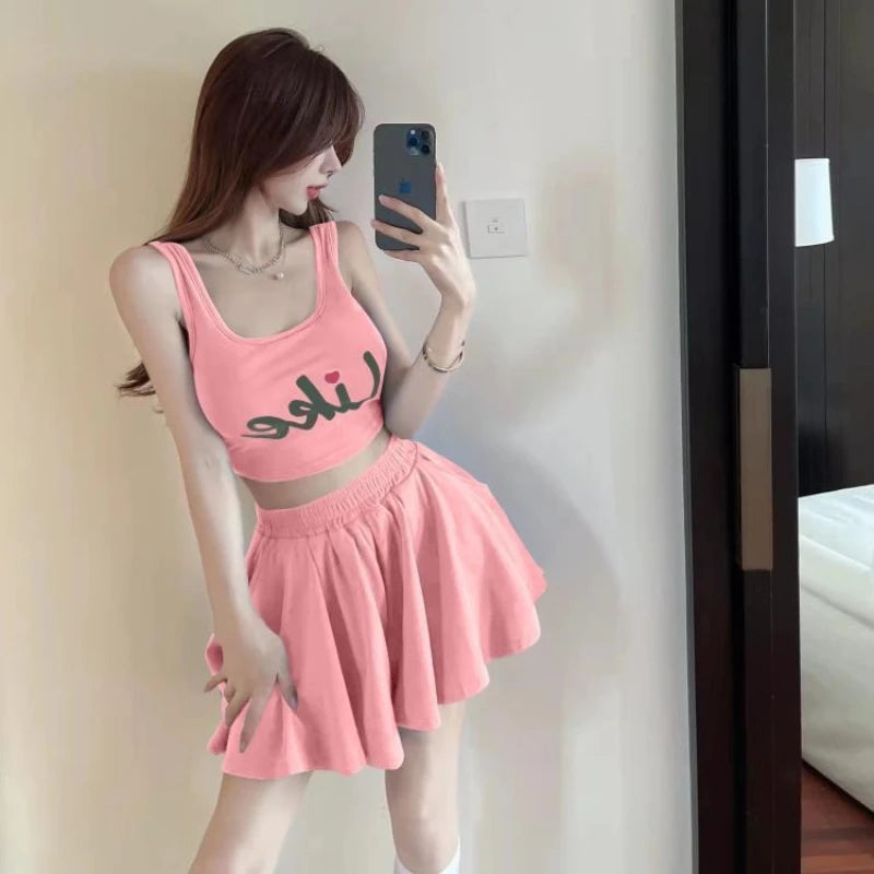 Women's Sleeveless Crop Top & Pleated Skirt Set