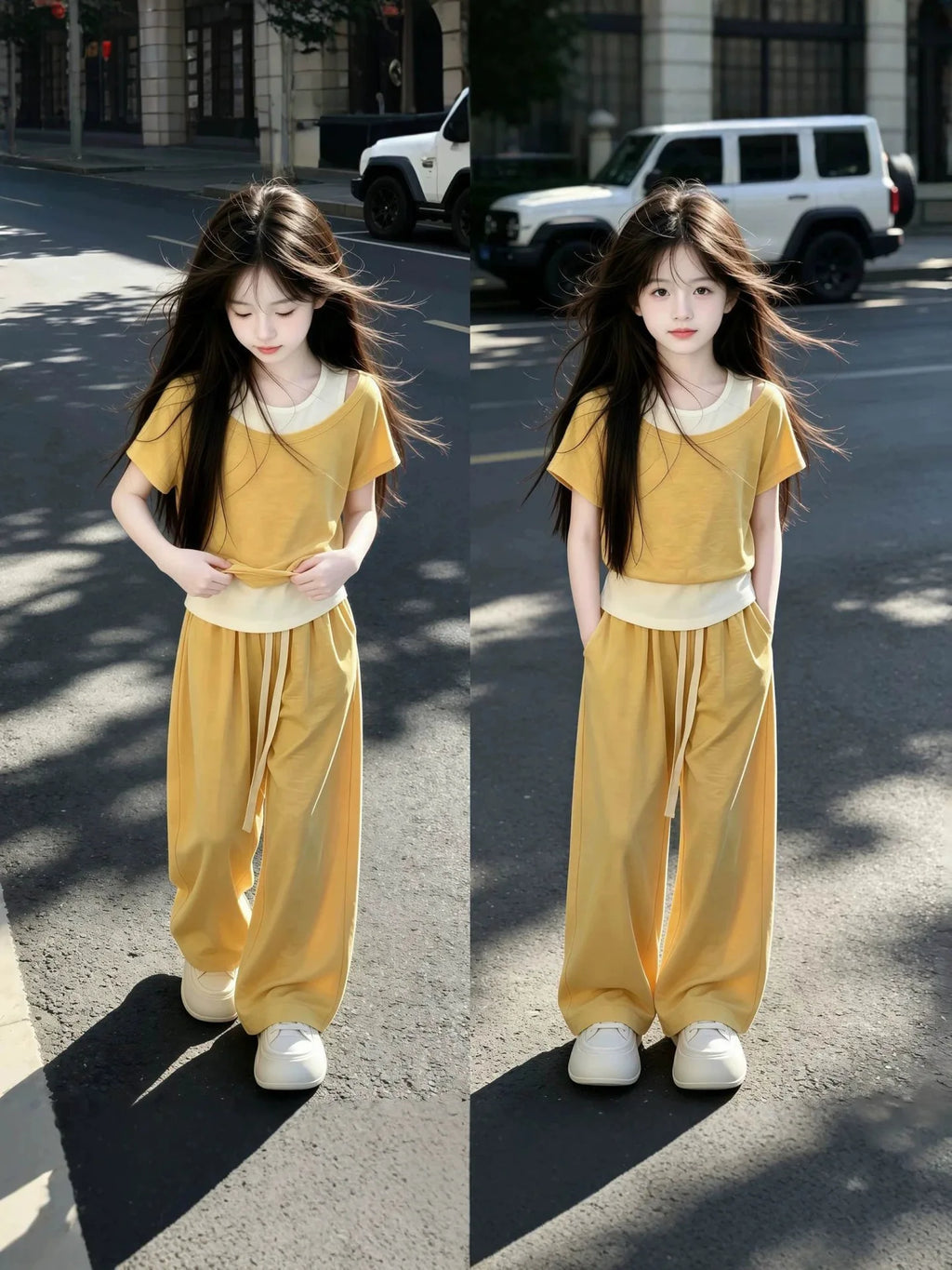 Girls' 2-Piece Layered Crop Top & Wide-Leg Pants Set