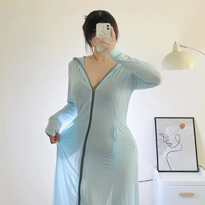 Women's Blue Sheer Zip-Front Beach Cover-Up
