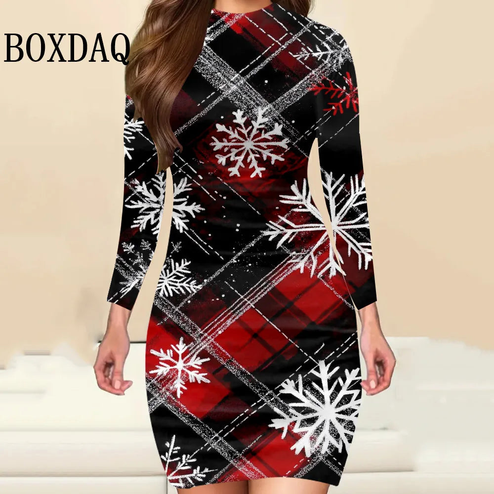 Christmas Print Long-Sleeve Bodycon Mini Dress