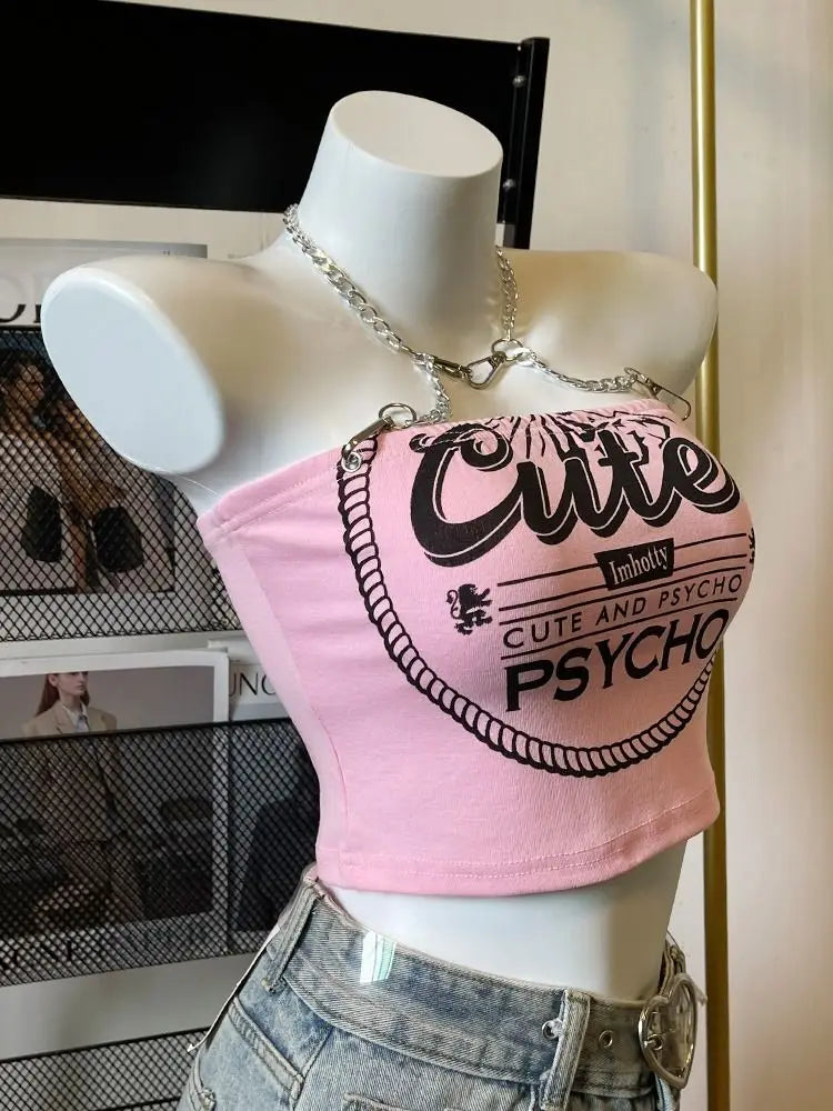 Women's Pink Backless Chain-Neck Tank Top