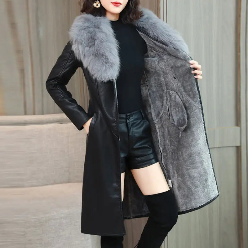 Women's Mid-Length PU Coat with Detachable Fur Collar | Model Pink