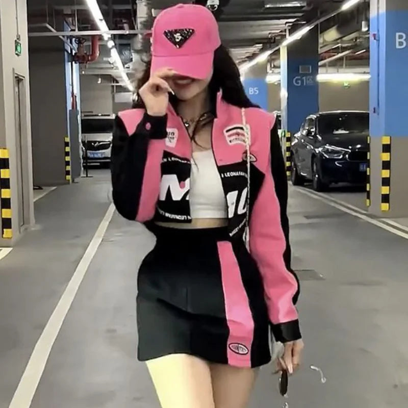 Women's Pink Biker Jacket & Mini Skirt Set