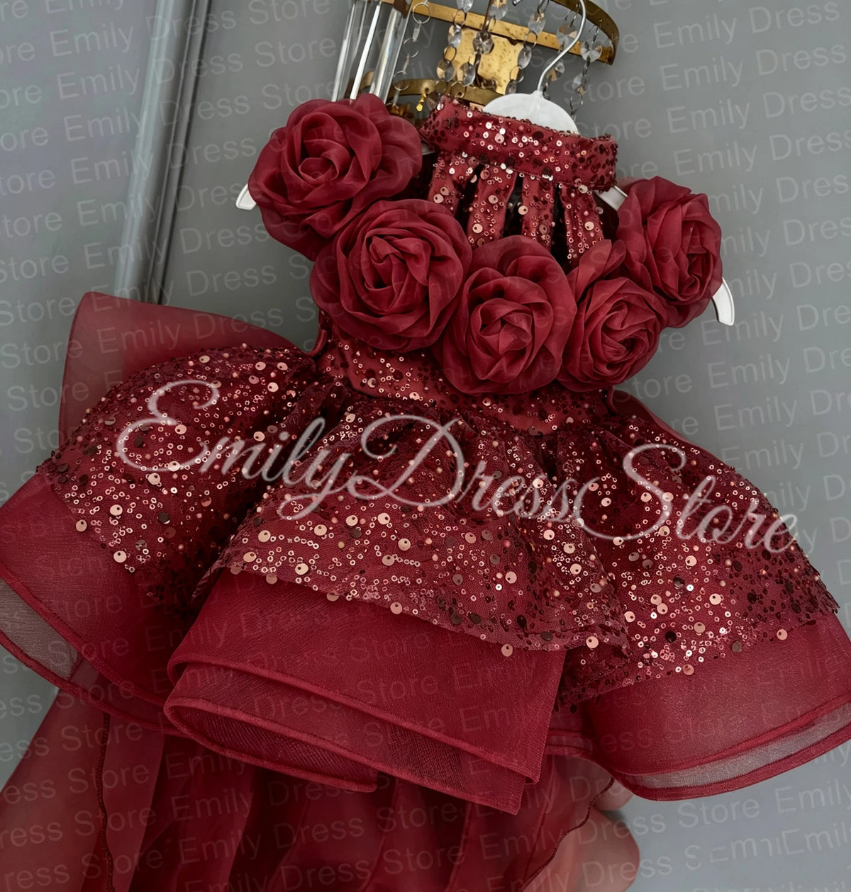 Champagne Tulle Flower Girl Dress with Floral Appliqué & Sequins