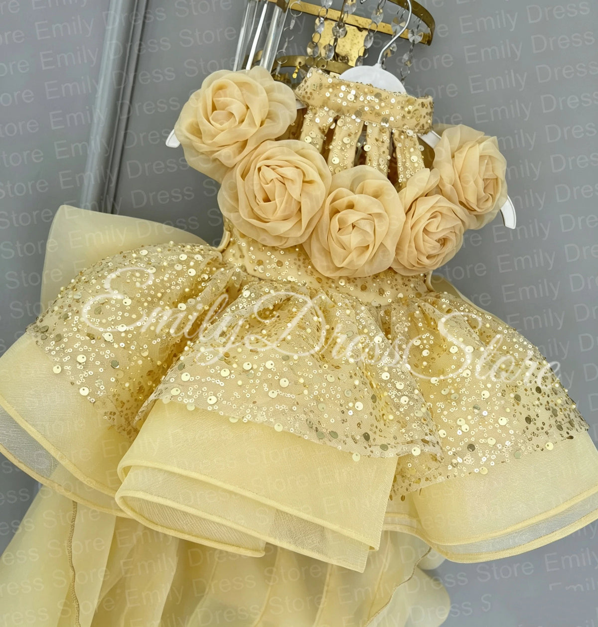 Champagne Tulle Flower Girl Dress with Floral Appliqué & Sequins