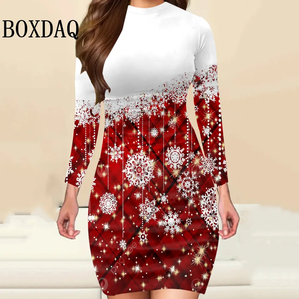 Christmas Print Long-Sleeve Bodycon Mini Dress