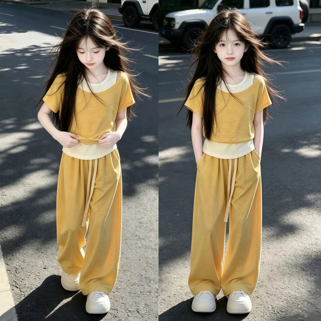 Girls' 2-Piece Layered Crop Top & Wide-Leg Pants Set
