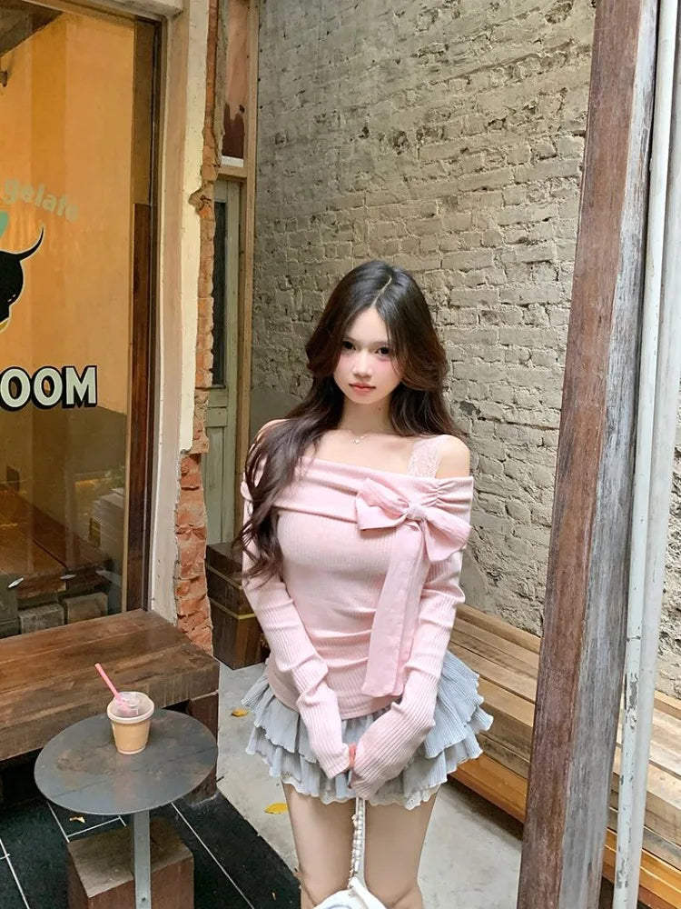 Women's Pink Off-Shoulder Bow Crop Top