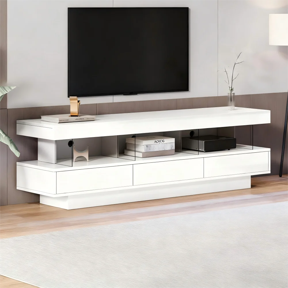 160 cm High-Gloss TV Stand with 3 Glass Compartments