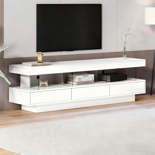 160 cm High-Gloss TV Stand with 3 Glass Compartments