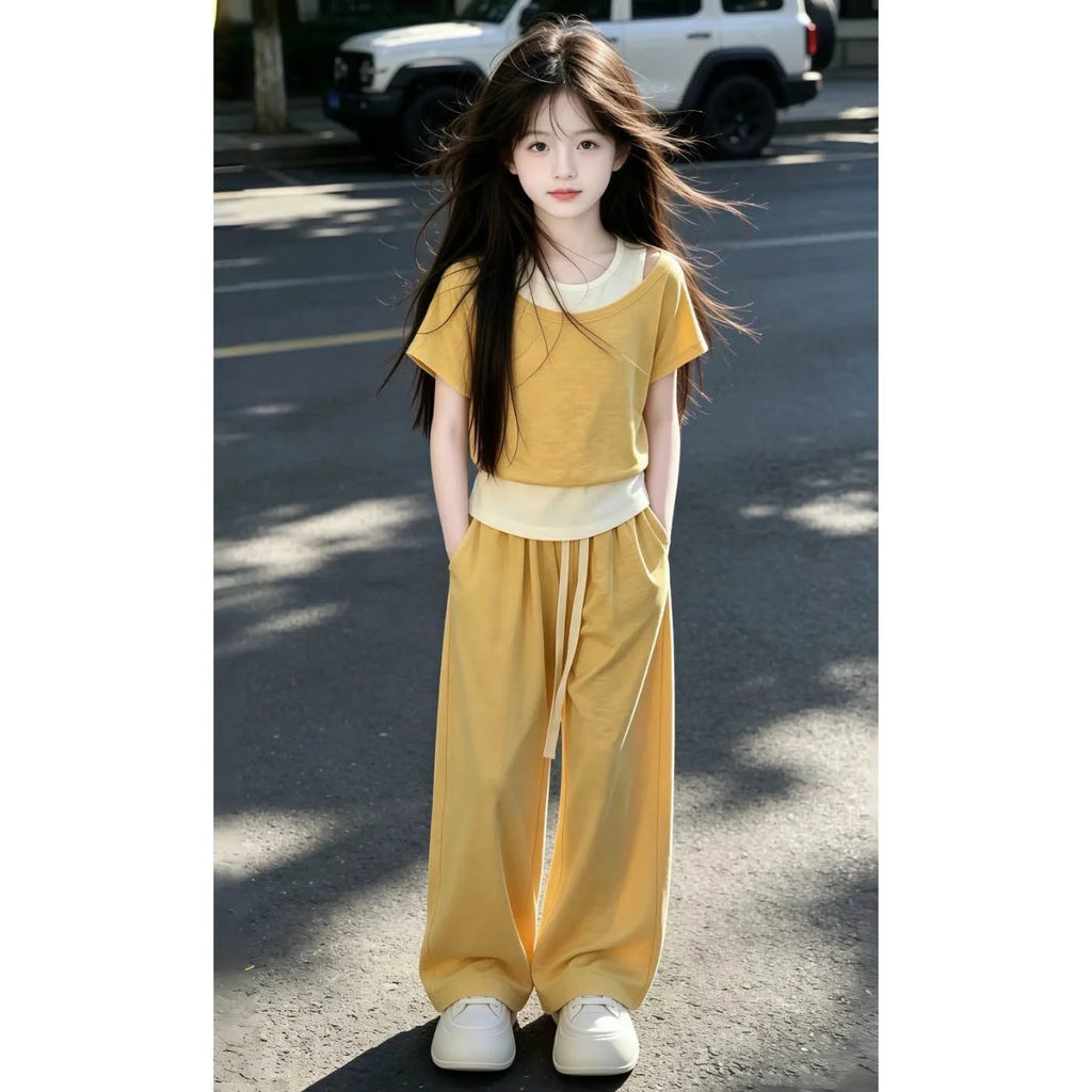 Girls' 2-Piece Layered Crop Top & Wide-Leg Pants Set