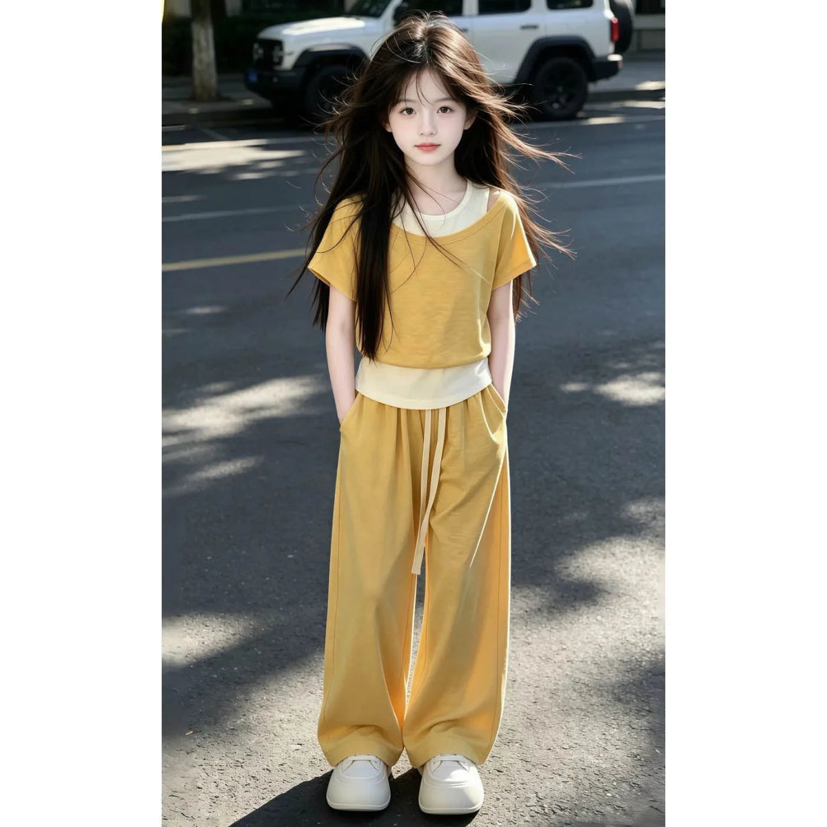 Girls' 2-Piece Layered Crop Top & Wide-Leg Pants Set