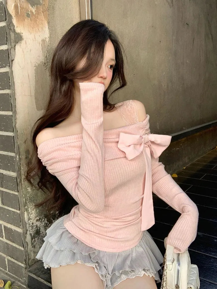 Women's Pink Off-Shoulder Bow Crop Top