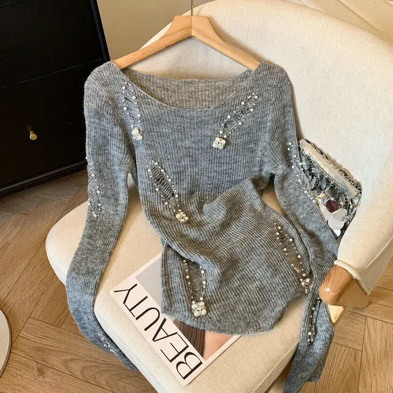 Women's Beaded Openwork Sweater with 3/4 Sleeves | Model Pink