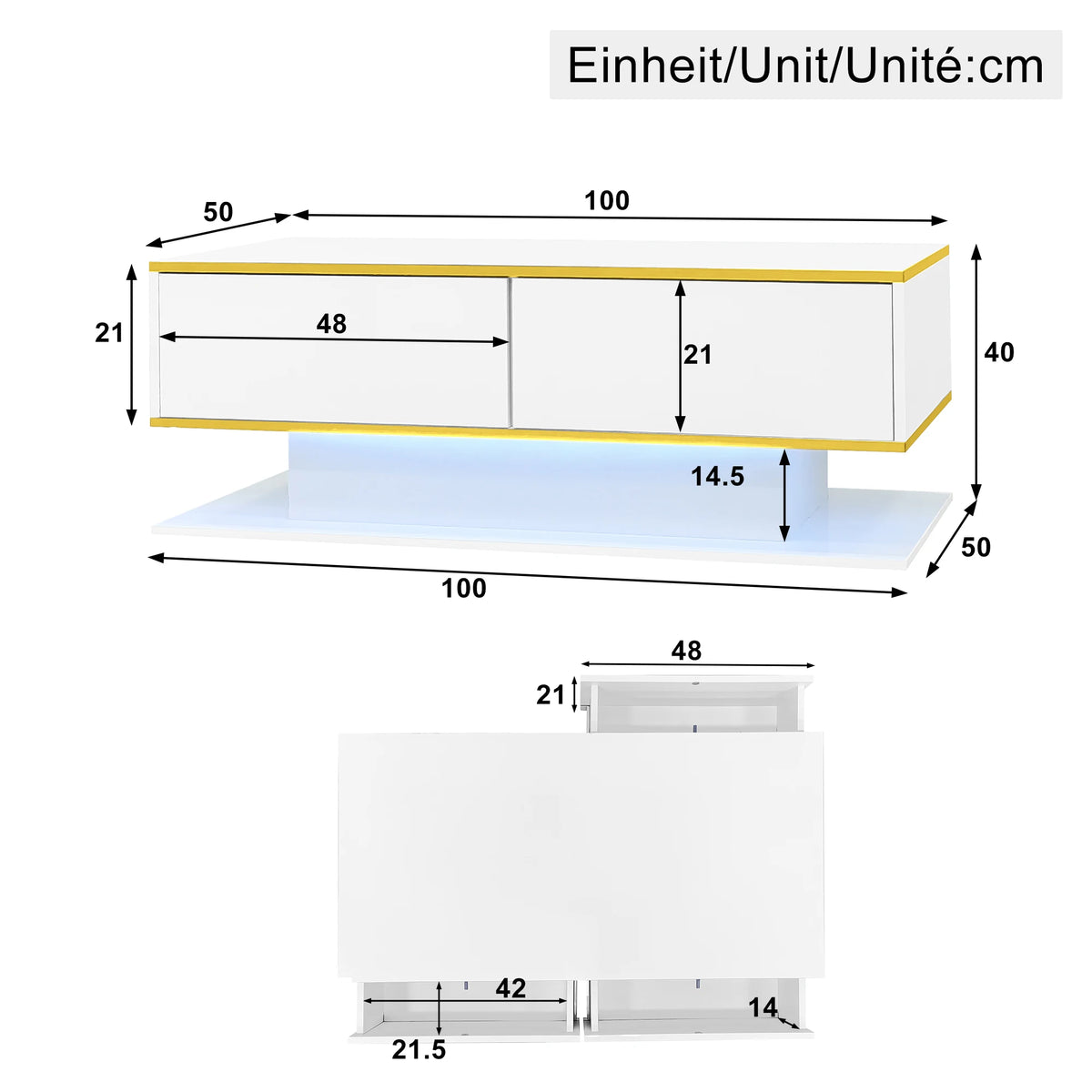 White & Gold LED Coffee Table with 3 Drawers