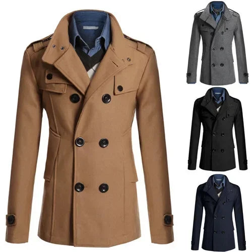 Men's Double-Breasted Polyester Overcoat