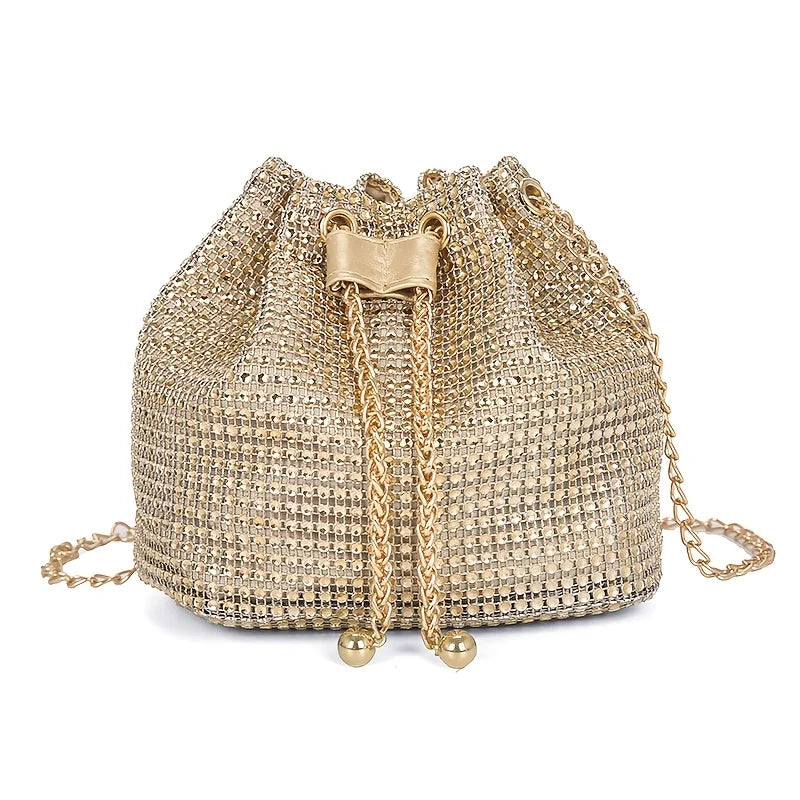 Rhinestone Drawstring Bucket Crossbody Bag