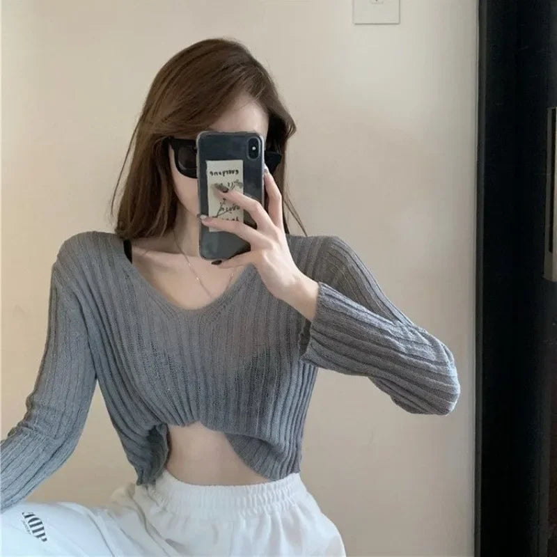 Women's Loose-Fit V-Neck Acrylic Knit Top