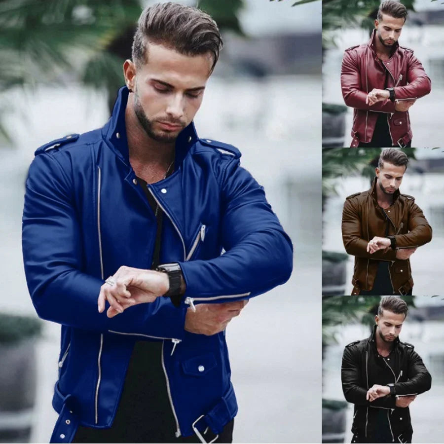 Men’s PU Faux-Leather Stand-Collar Jacket