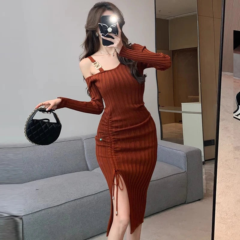 Women’s Ribbed Knit Bodycon Dress with Asymmetric Neckline