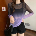 Women's Gradient Sheer Backless Long-Sleeve Top