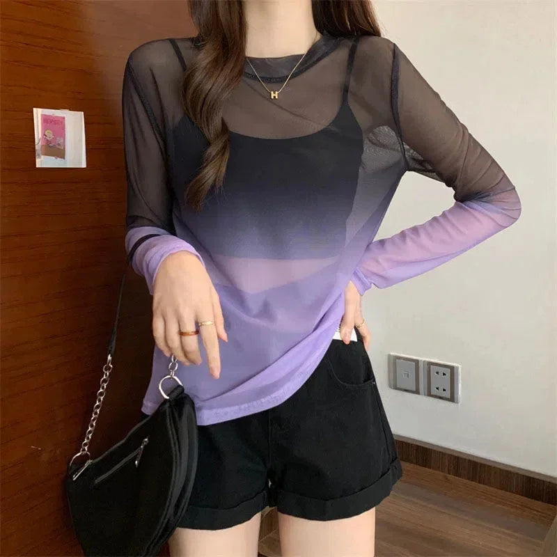 Women's Gradient Sheer Backless Long-Sleeve Top