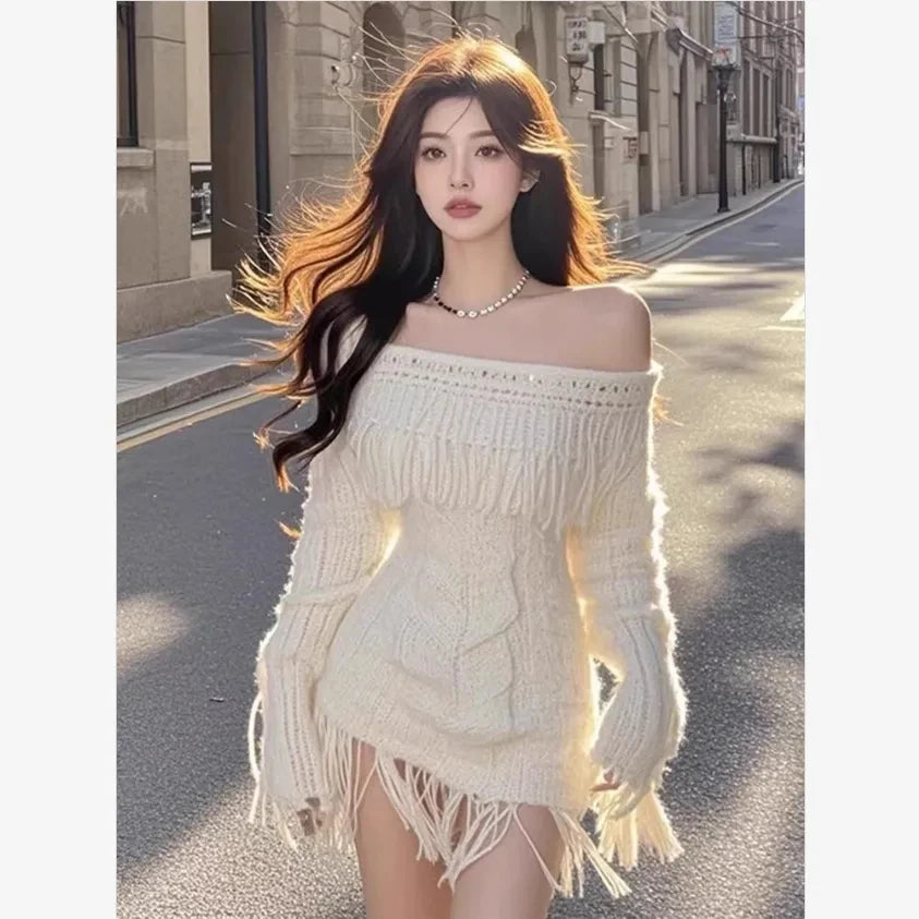 Off-Shoulder Long-Sleeve Knit Mini Dress