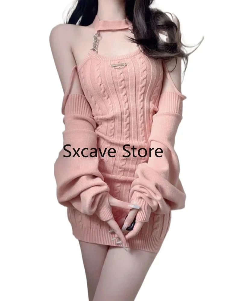 Women's Pink Knit Crop Top & Mini Dress Set