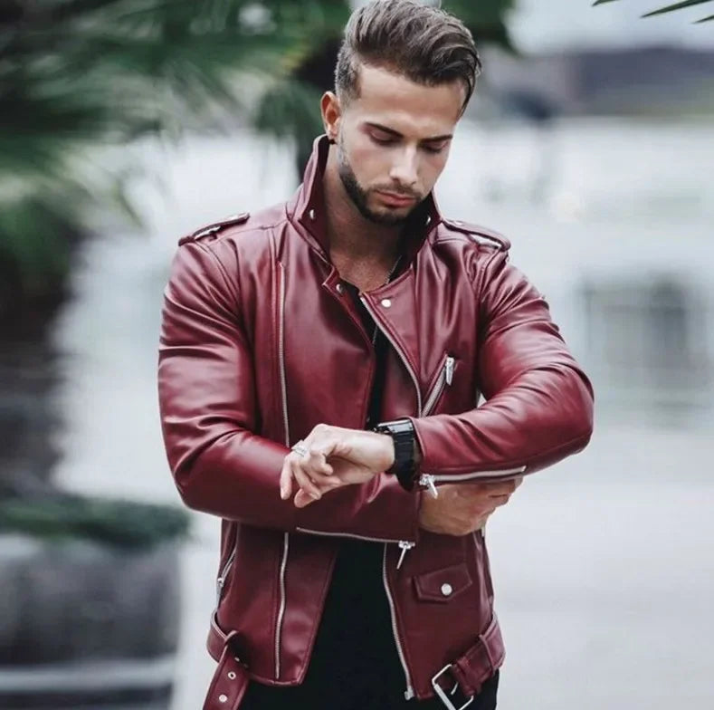 Men’s PU Faux-Leather Stand-Collar Jacket