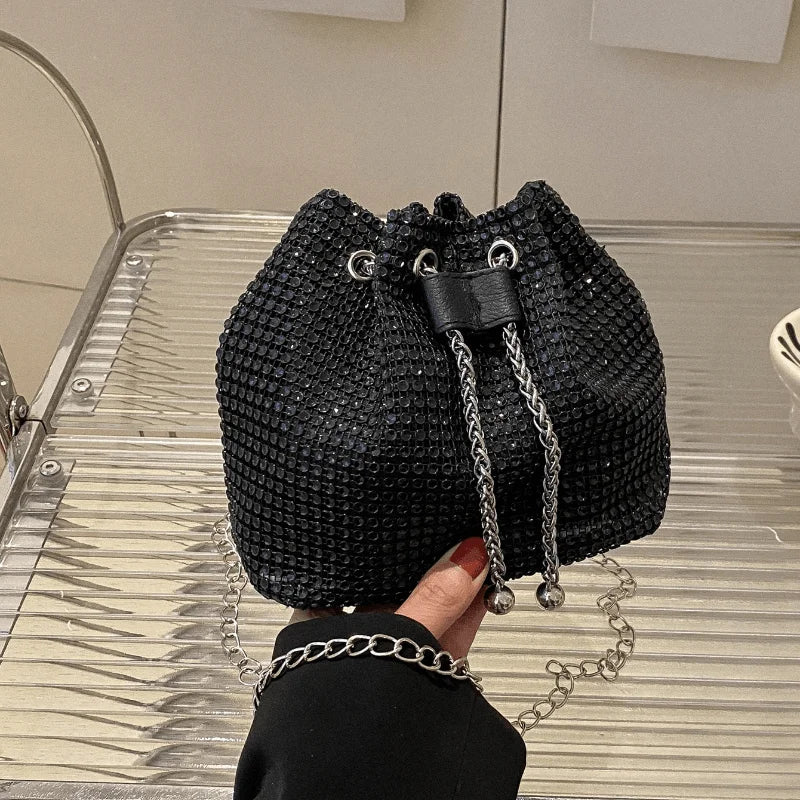Rhinestone Drawstring Bucket Crossbody Bag