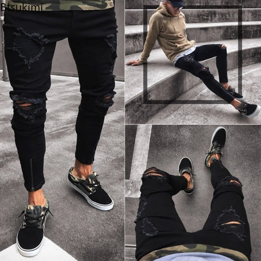 Men’s Black Ripped Stretch Denim Jeans