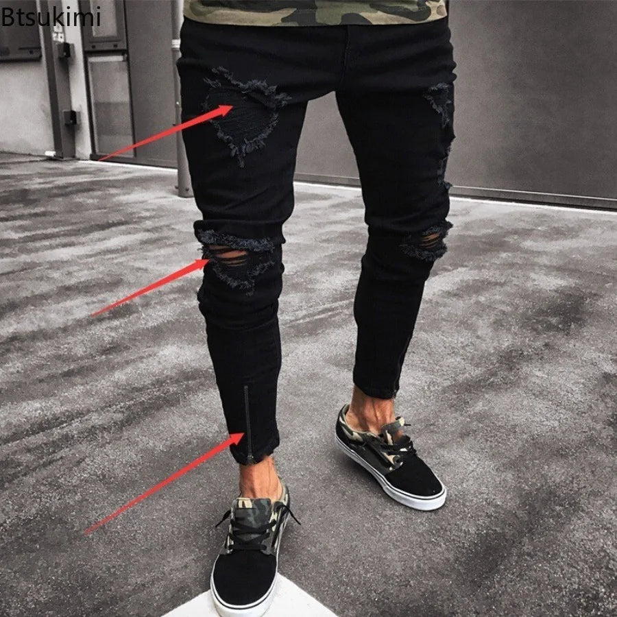 Men’s Black Ripped Stretch Denim Jeans
