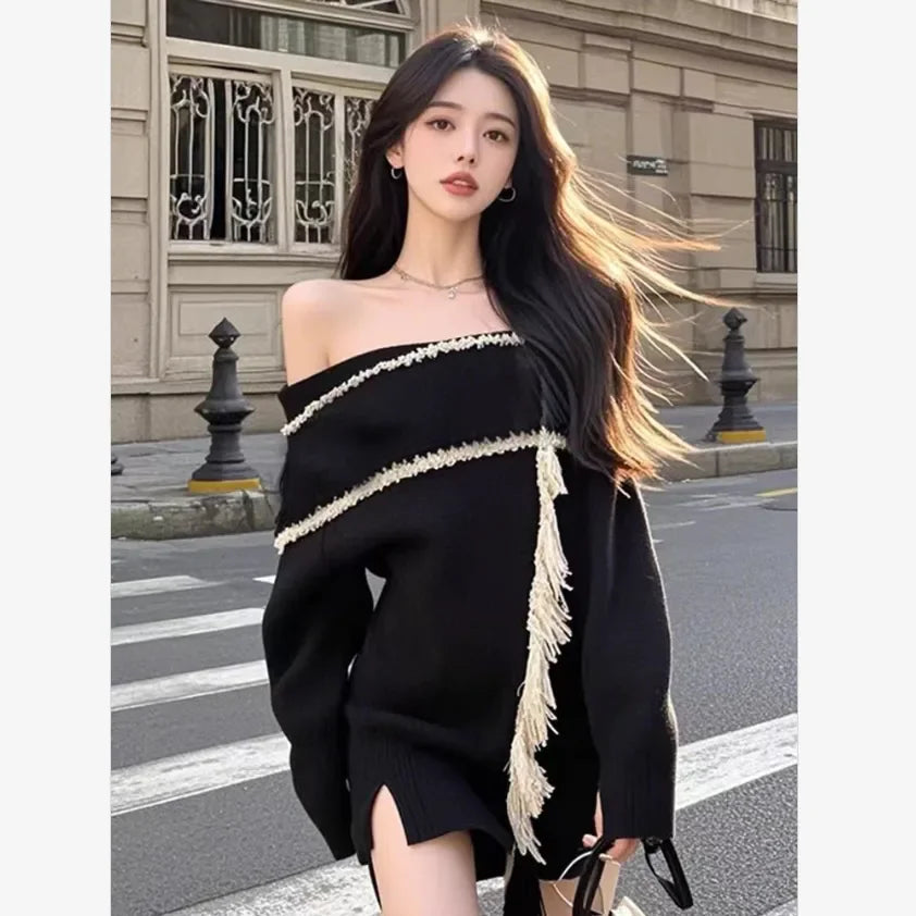 Off-Shoulder Long-Sleeve Knit Mini Dress