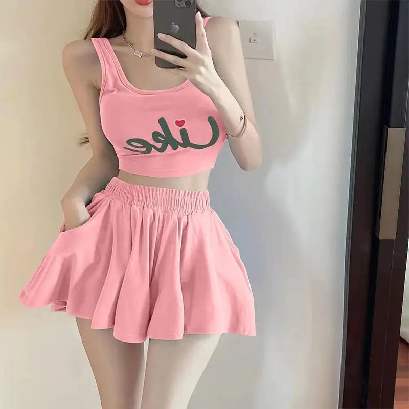 Women's Sleeveless Crop Top & Pleated Skirt Set